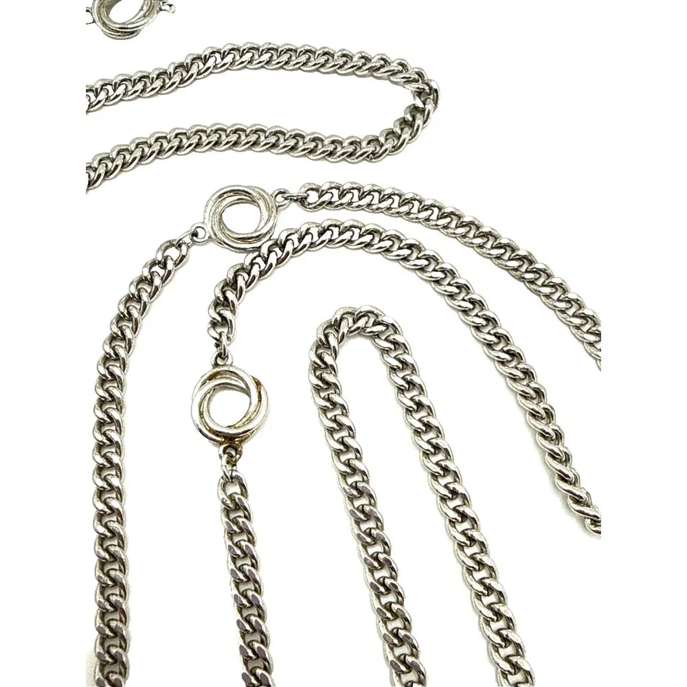 Vintage 70s MONET Silver Tone Station Chain Necklace Double Ring Long Curb 55”